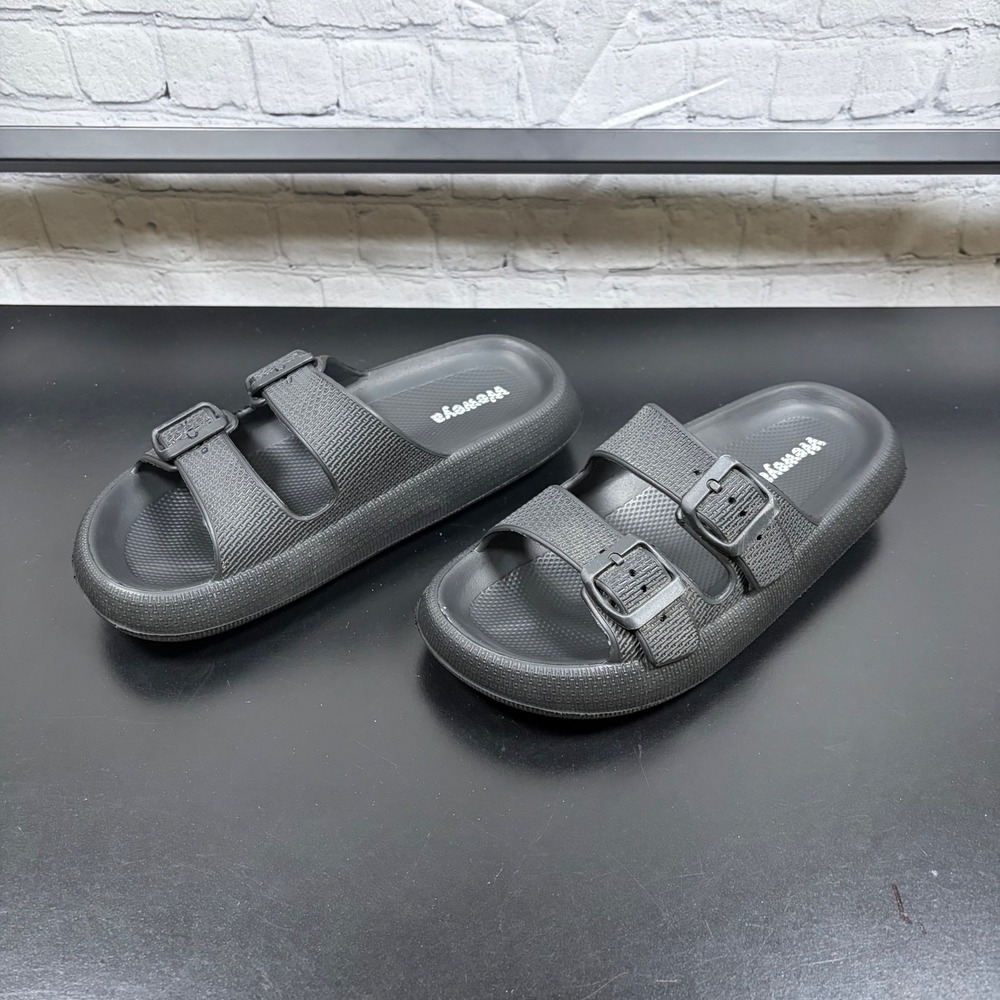 Weweya Black Double Buckle Cloud Slides Foam Sandals Mens 7-8 Womens 8.5-9.5